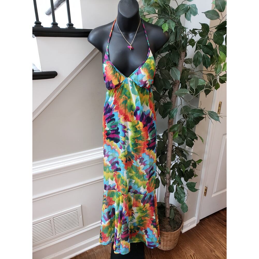ABS Long Maxi Dress Womens Size Medium Multicolor Pleated Halter Neck Sleeveless